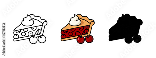 Illustration of Cherry Pie Slice with Outline, Color, and Silhouette