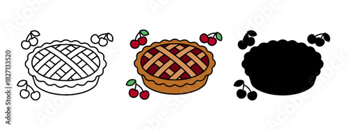 Three versions of a cherry pie illustration including color, line drawing, and silhouette