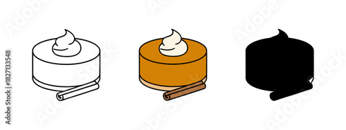 Isometric Pumpkin Pie Dessert with Cinnamon Stick and Topping in Line Art, Colored, and Silhouette Forms