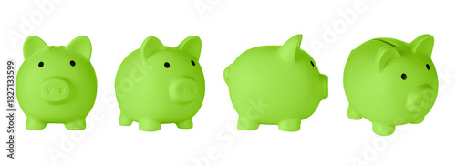 Set Piggy bank pig Green color on isolated white background close up