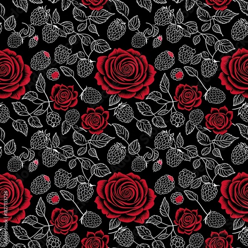 Pink roses and blackberries seamless pattern, four tiles