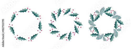 Three Christmas wreath designs featuring holly leaves and red berries. Perfect for holiday decorations, greeting cards, and festive designs. Round frame set with copy space. Vector in doodle style.