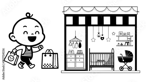 Cute Baby Shopping for Essentials at Nursery Store - Cartoon Vector Illustration