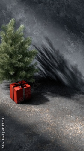 A dark gray concrete floor with the shadow of an evergreen tree and a red gift box, creating a festive atmosphere for Christmas.