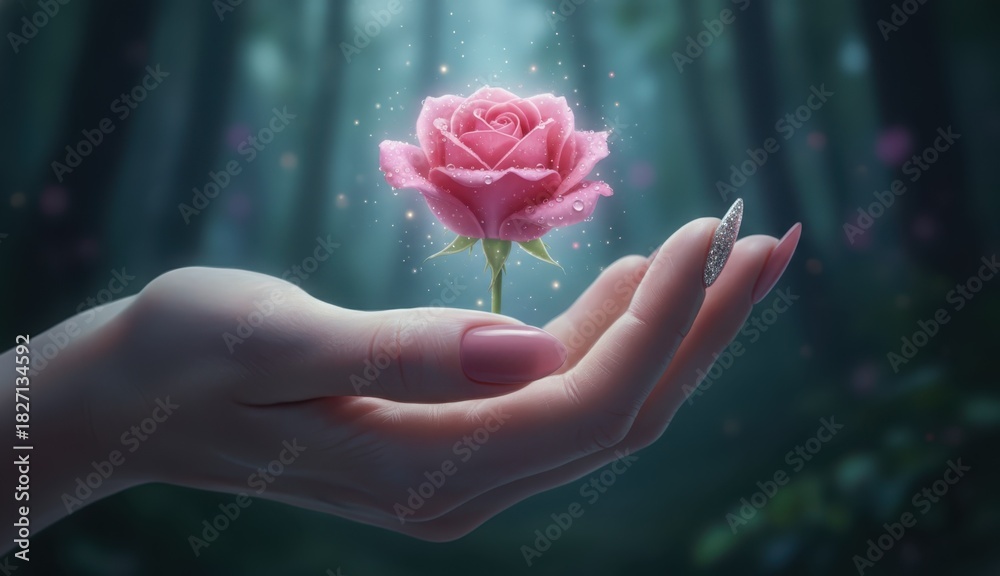 Naklejka premium Ethereal pink rose with sparkling water droplets held gently in a manicured hand against a dark, mystical forest background.