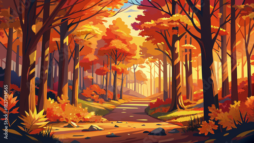 Very beautiful autumn forest scene featuring a dense New England woodland with vibrant fall foliage in shades of red, orange, and yellow, sunlight filtering through the trees, and a serene seasonal at
