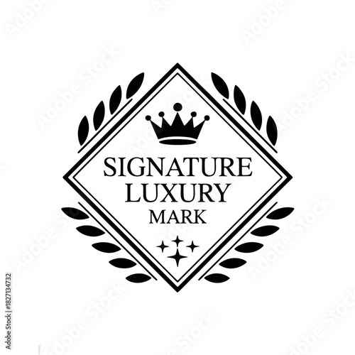 A sophisticated signature luxury mark in a decorative badge design emblem with simple black and
