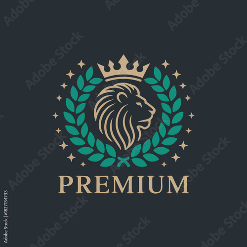 A regal lion emblem radiating premium strength and nobility within a laurel wreath and crown Gold