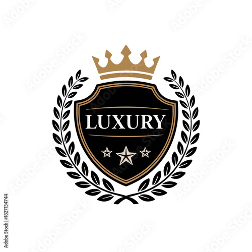 Elegant luxury shield emblem radiating prestige and timeless design with golden crown and laurel