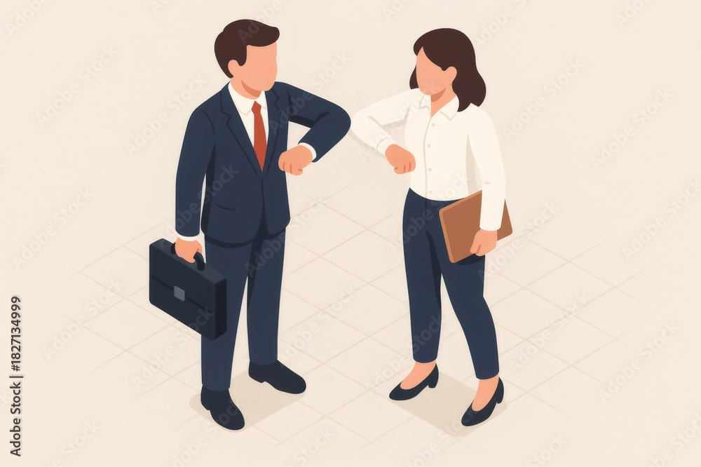 Fototapeta premium Professionals avoiding direct contact by bumping elbows, showing alternative greetings and social distancing in business settings