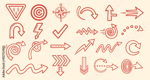 Playful hand drawn doodle arrows and navigation symbols set in red line art on beige background, mixed spiral, zigzag, curved directions, simple flat vector design collection