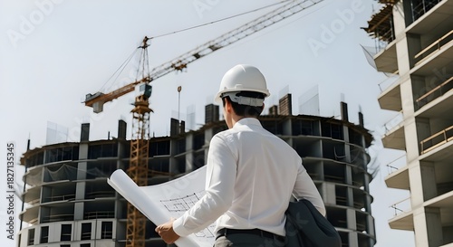 A man wearing a white hard hat and a white collared shirt stands on a construction site, looking up at an unfinished high-rise building. He is holding a large rolled-up blueprint in his hands and has 
