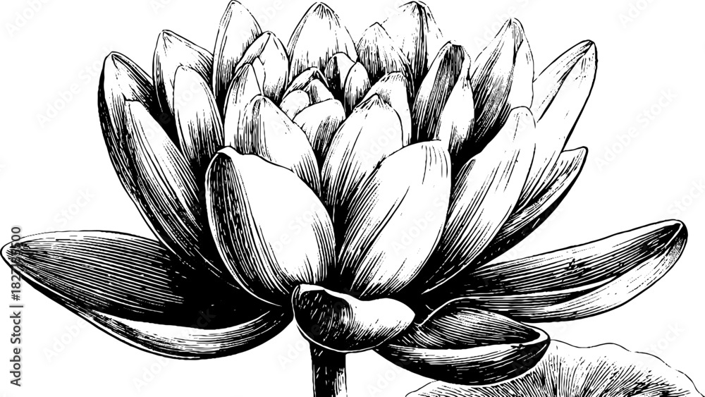 Naklejka premium Engraved decorative illustration of a blooming lotus flower for design and decor