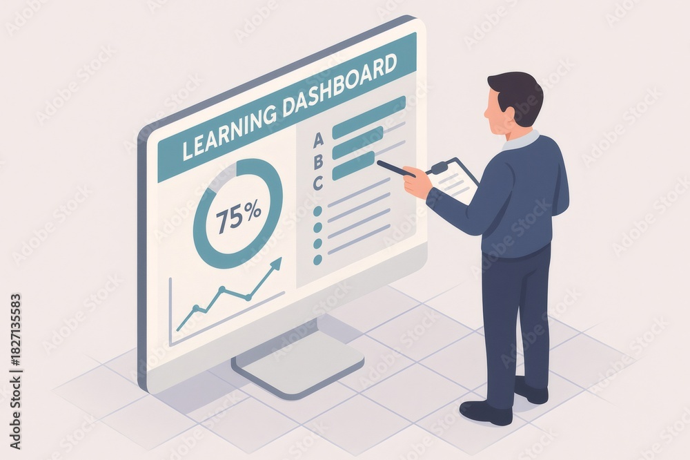 Fototapeta premium Educator evaluating student performance data on a digital learning dashboard. Analyzing progress and educational metrics with a pen