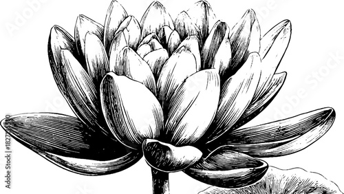 Engraved decorative illustration of a blooming lotus flower for design and decor