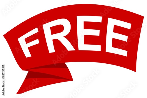 Bold Red Ribbon Banner with 'FREE' Text for Special Offer, Sale, and Promotion - Graphic Element for Marketing and E-commerce Design