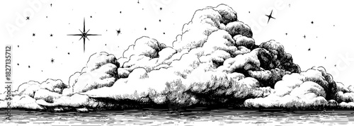 Intricate engraved illustration of a cosmic landscape with stars and clouds