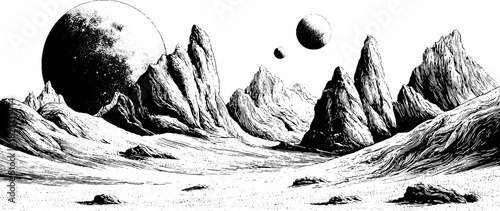 Engraved decorative illustration of a cosmic landscape featuring planets and mountains for design