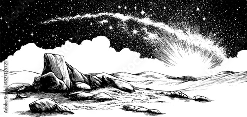 Celestial landscape with rocks and stars - decorative cosmic illustration for design