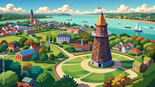 Very beautiful aerial panorama featuring Touro Park with its historic Windmill Tower, overlooking lush greenery and Newport Harbor in the background, capturing the charming city center of Newport, Rho