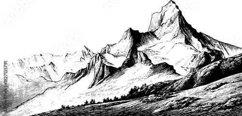 Vintage hand drawn mountain landscape engraving for design projects and prints