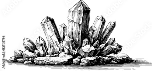 Intricate frost crystal cluster: vintage engraving for decorative design