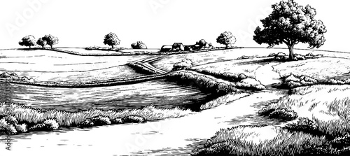 Vintage engraved illustration of a serene farmland landscape for rustic design and decor