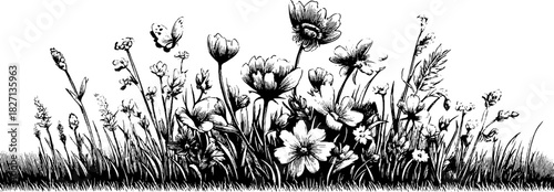 Decorative floral banner in engraved style for vintage design projects