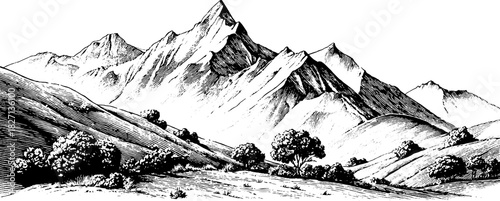 Scenic highland ridge landscape illustration with engraved details