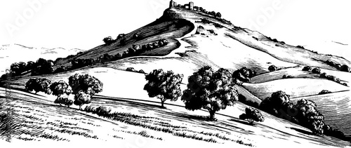 Engraved decorative silhouette illustration of scenic hillside landscape for art prints