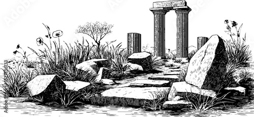 Ancient ruins landscape engraving – decorative hand drawn illustration for vintage design