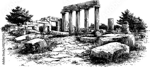 Engraved decorative illustration of ancient ruins landscape for historical design