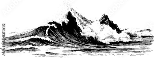 Vintage maritime border illustration with engraved waves and mountains for nautical design