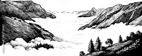 Misty valley landscape with mountains and trees in engraved decorative style