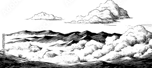 Engraved scenic illustration of a misty mountain valley landscape for design and decoration