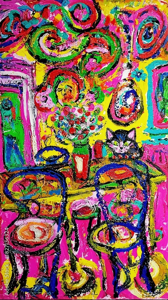 Obraz premium An abstract painting of a cat sitting at a table with flowers. The painting is very colorful and vibrant.