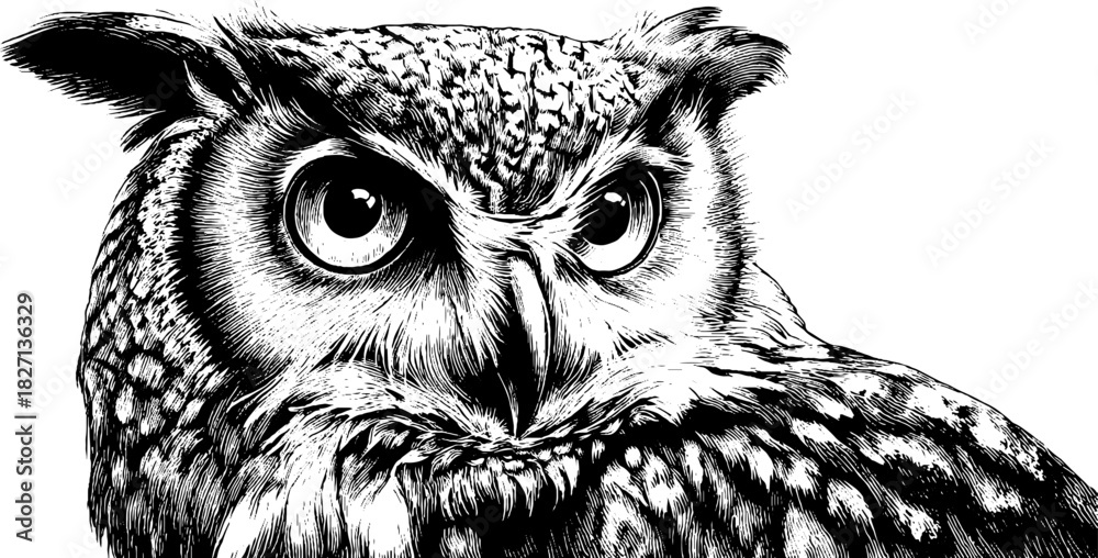 Naklejka premium Intricate engraving of a perched eagle owl for decorative design