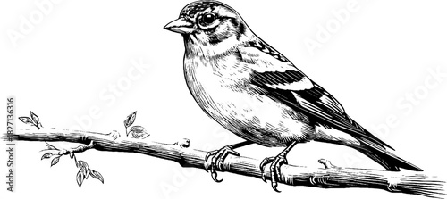 Vintage engraved illustration of a perched brambling on branch for nature enthusiasts