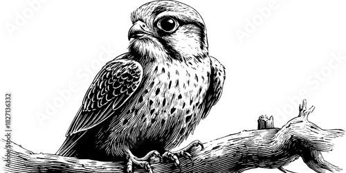Vintage engraved illustration of a perched falcon chick for nature design