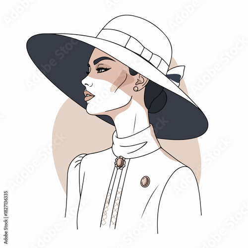 Elegant Woman in Wide-Brimmed Hat, Vintage Illustration of Style and Grace