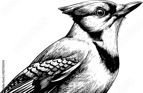 Vintage engraving of a perched jay bird silhouette for retro design projects