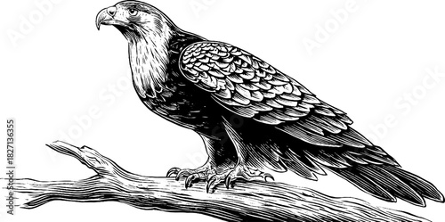 Vintage engraving of a perched hawk on a branch - retro wildlife art design