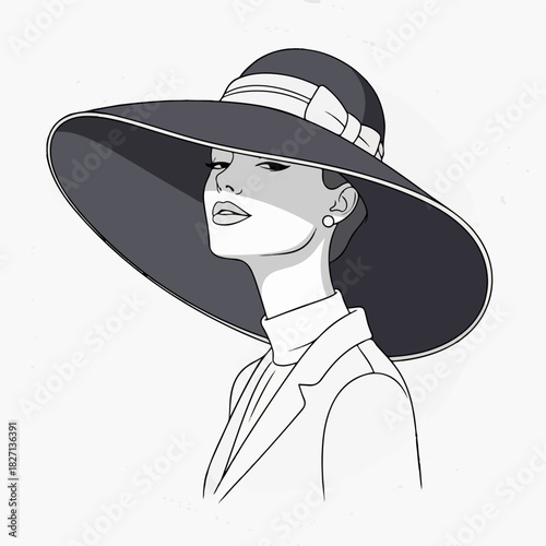 Elegant Woman Wearing a Wide-Brimmed Hat, Sophisticated Portrait Illustration