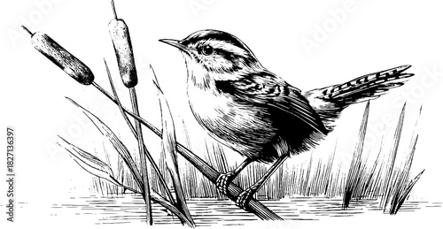 Decorative engraving of a marsh wren perched among cattails - vintage nature illustration