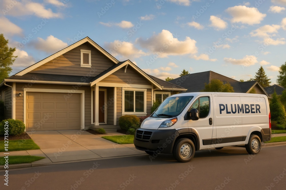 Fototapeta premium Plumber van parked on a suburban street. Professional service vehicle ready for home repair and maintenance