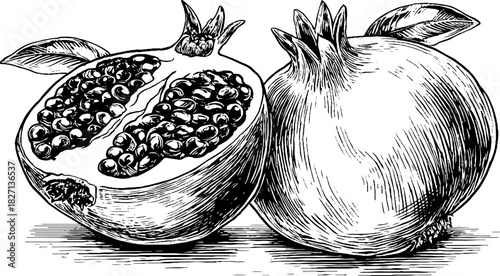 Vintage engraved illustration of a split ripe pomegranate for design and decoration
