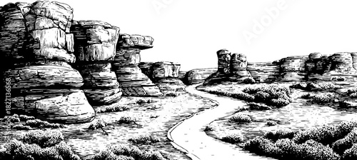 Dramatic engraved illustration of rocky canyon landscape for decorative design