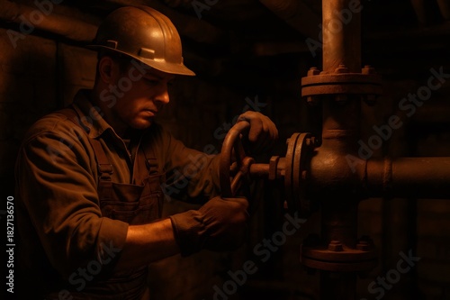 Wallpaper Mural Worker in hard hat and gloves carefully turning a large industrial valve on rusty pipes, performing essential system maintenance Torontodigital.ca