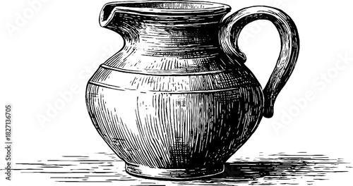 Vintage engraving of a rustic clay water jug - decorative design for art and print