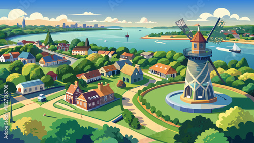 Very beautiful aerial panorama featuring Touro Park with the historic Windmill Tower in the foreground, overlooking lush park greenery and Newport Harbor, with the charming city center of Newport, Rho